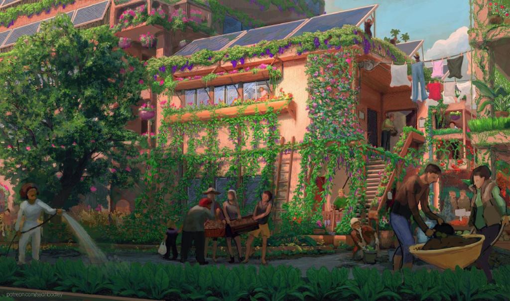 A neighbourhood street with ivy-covered buildings, solar panels, and neighbours helping each other with a community garden