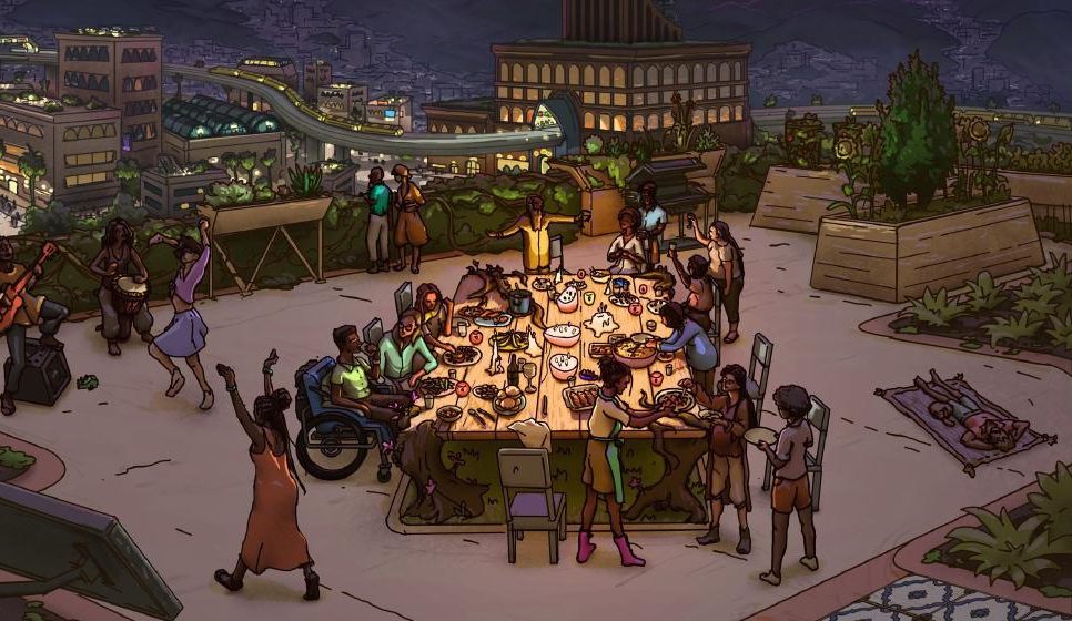 A group of diverse neighbours gathered around a communal table sharing a meal.