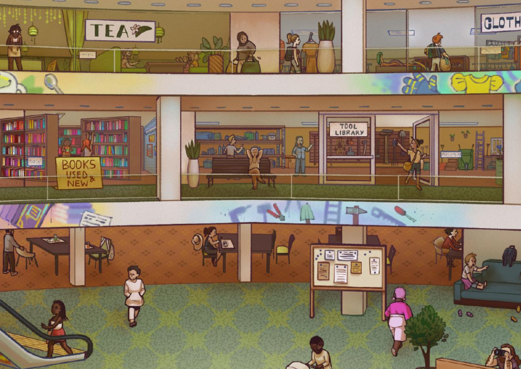 Illustration of a repurposed mall used for shared community space